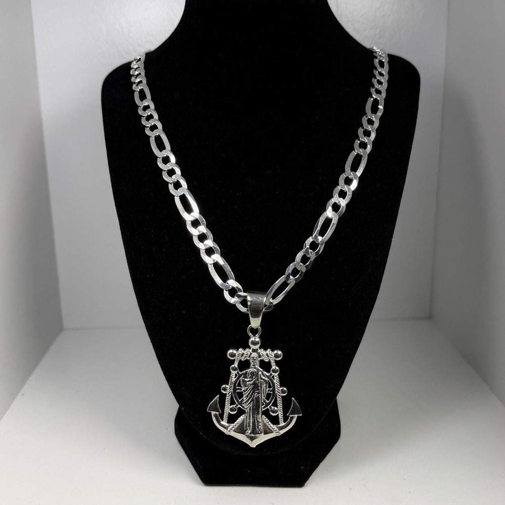 925 Sterling Silver Saint Jude Anchor Pendant Necklace 23 Inch 8.6mm Figaro